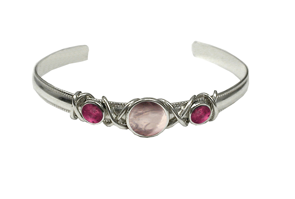 Sterling Silver Hand Made Cuff Bracelet With Rose Quartz And Pink Tourmaline